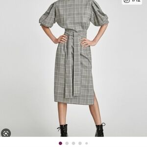 NWT Zara Gray Plaid Checked Puff Sleeve Midi Dress